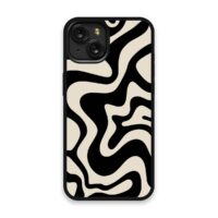 Shockproof TPU Cover for iPhone 15 Featuring Retro Liquid Swirl Abstract Pattern in Black and Cream Design from OUTERCASE - SLIMFEND Protective Comfort Grip
