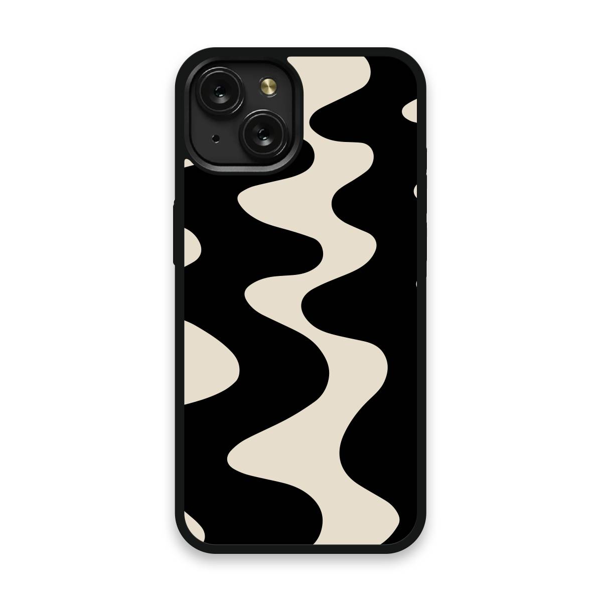 Shockproof TPU Cover for iPhone 15 Featuring Retro Liquid Wiggle Abstract Pattern in Black and Cream Design from OUTERCASE - SLIMFEND Protective Comfort Grip